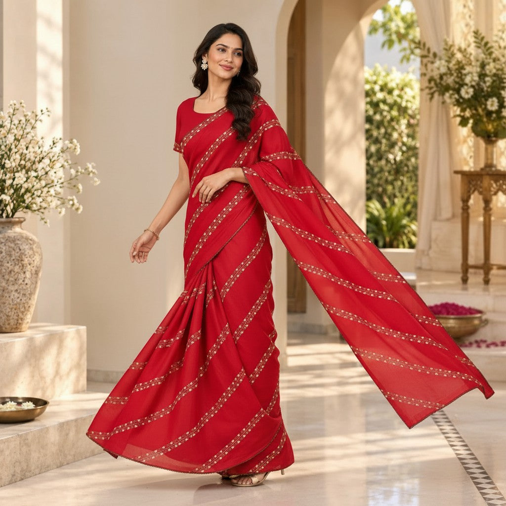 Elegant Crimson Red Printed Saree with Floral Embroidered Border