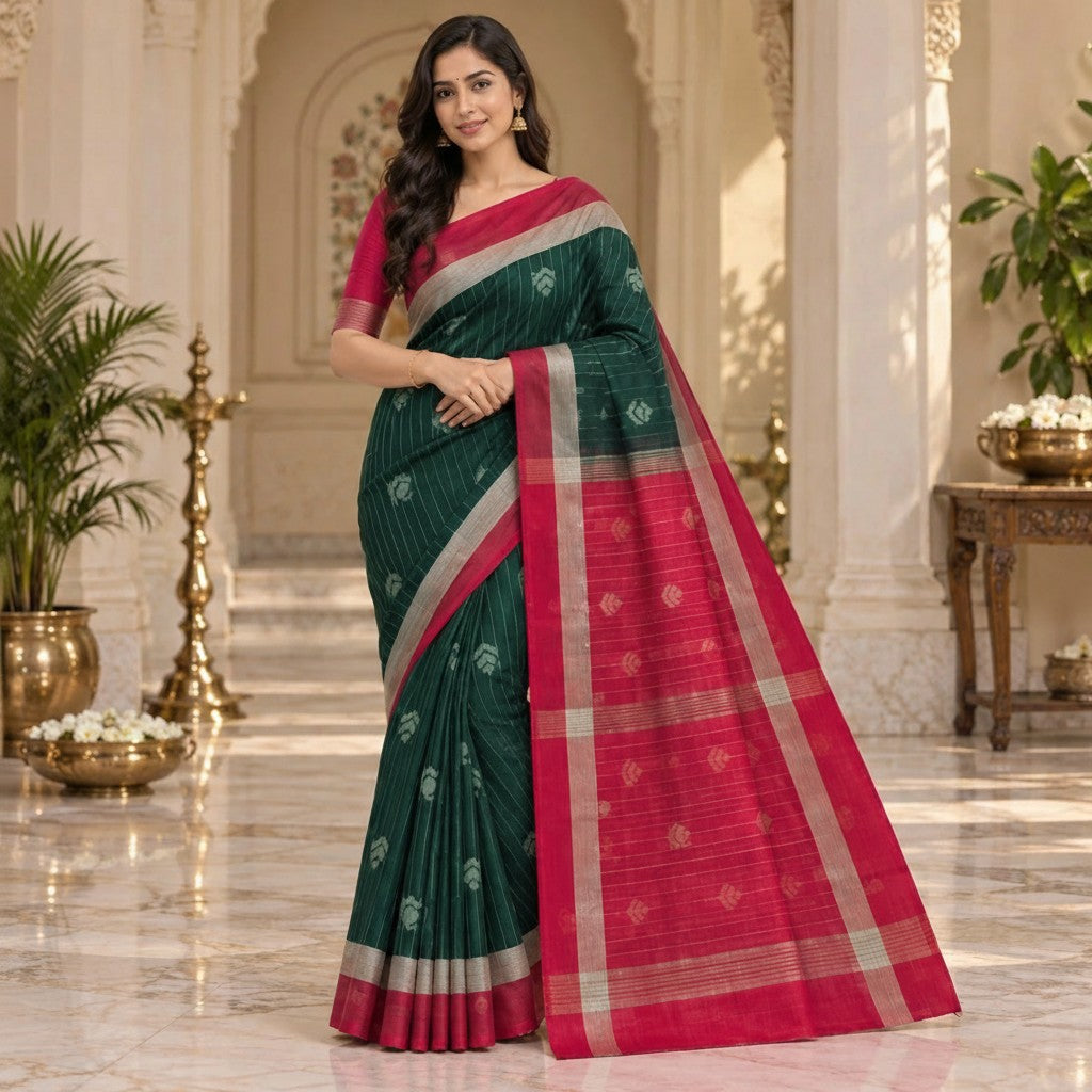 Forest Green & Magenta Handloom Saree with Silver Zari Border