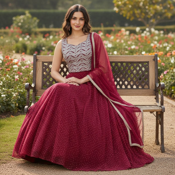 Maroon Embellished Lehenga Set with Sheer Dupatta