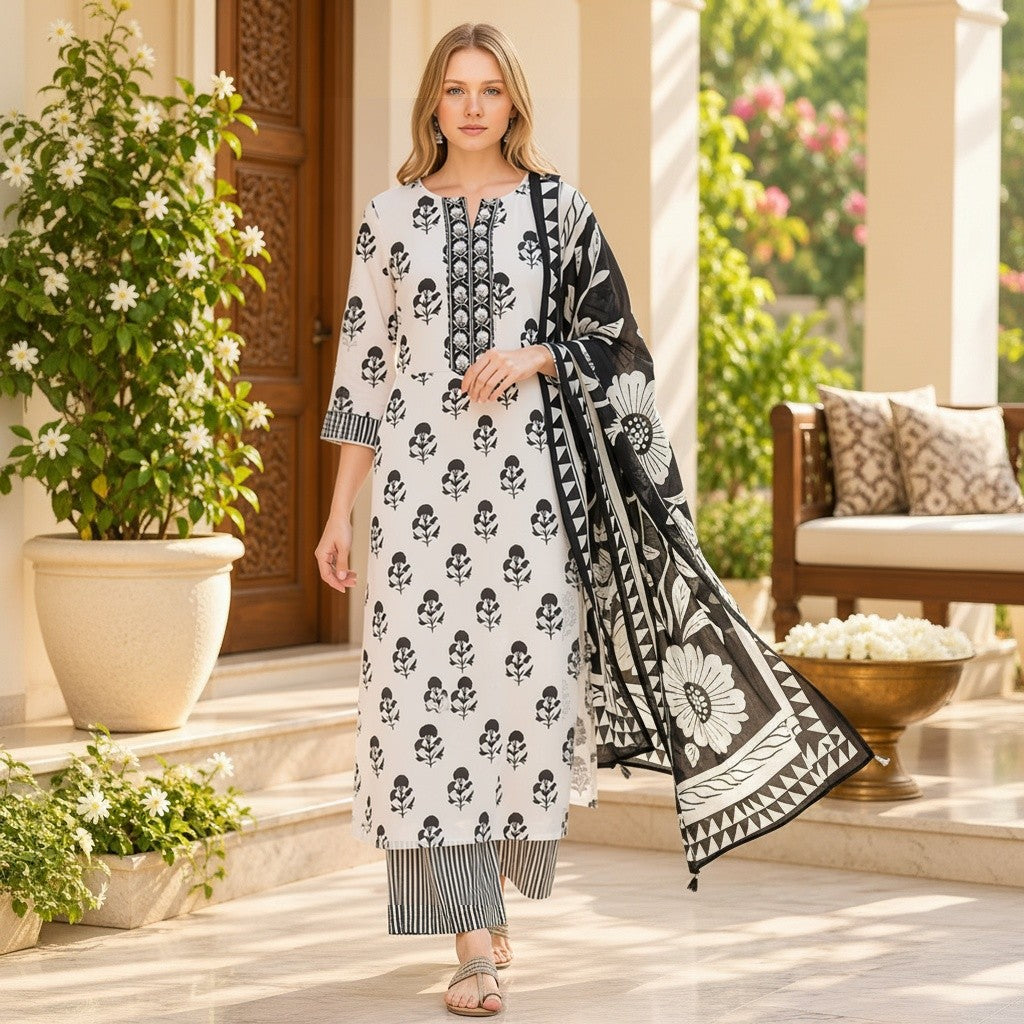 White & Black Floral Printed Kurti Set0