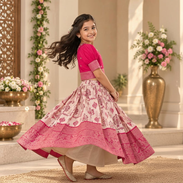 Pink Floral Printed Kids Lehenga Se