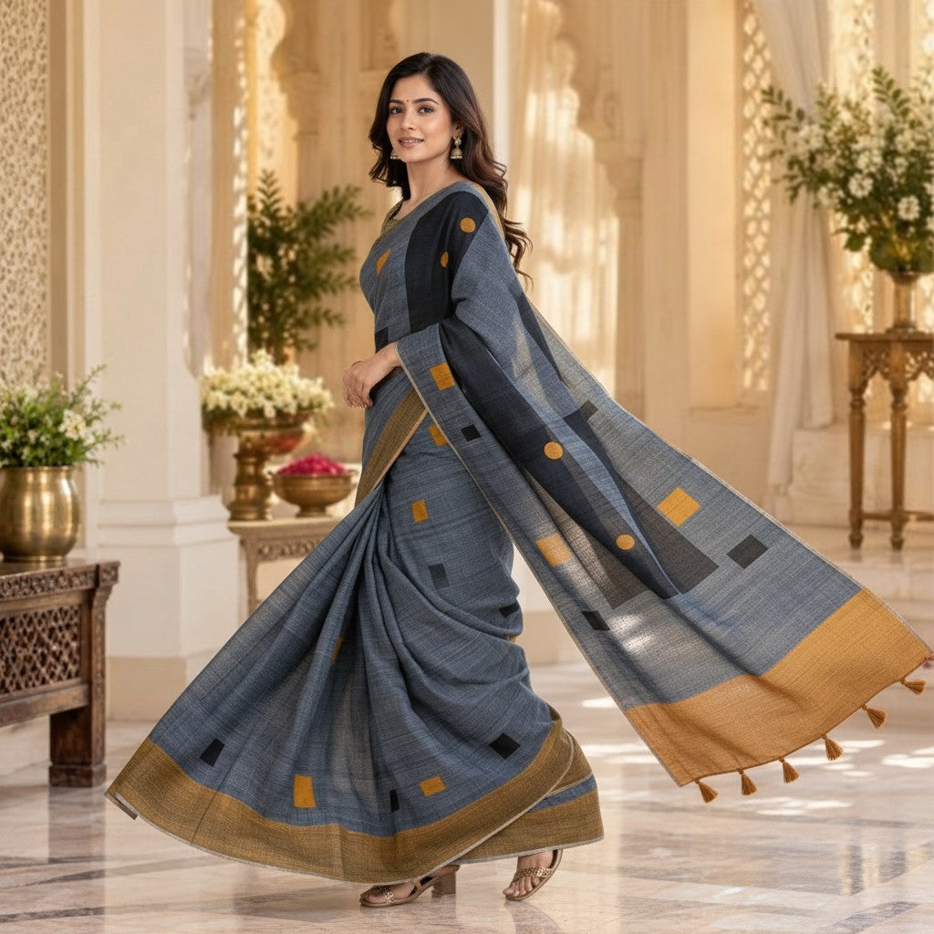 Slate Blue & Olive Handloom Saree with Mustard Border and Tassel Pallu