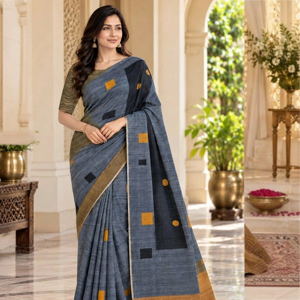 Slate Blue & Olive Handloom Saree with Mustard Border and Tassel Pallu