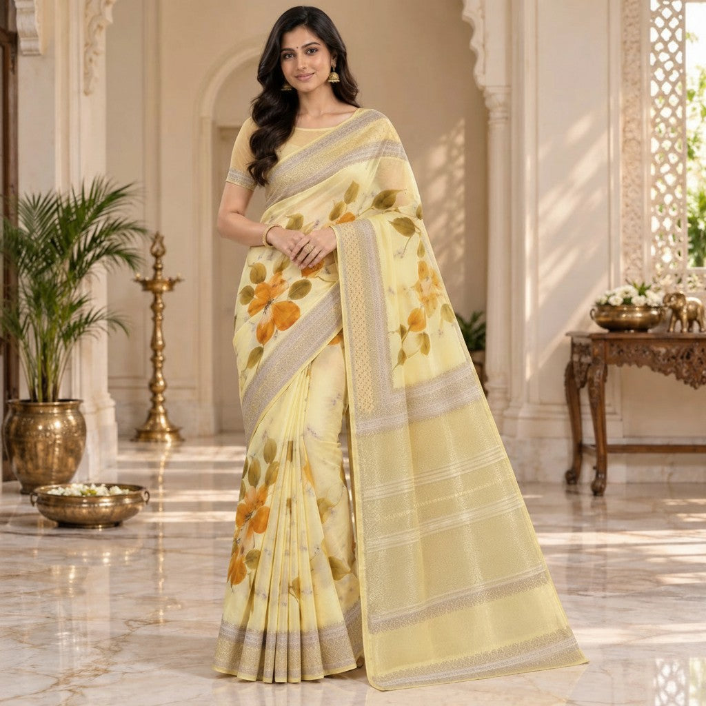 Pastel Yellow Floral Organza Saree with Zari Border & Plain Net Blouse