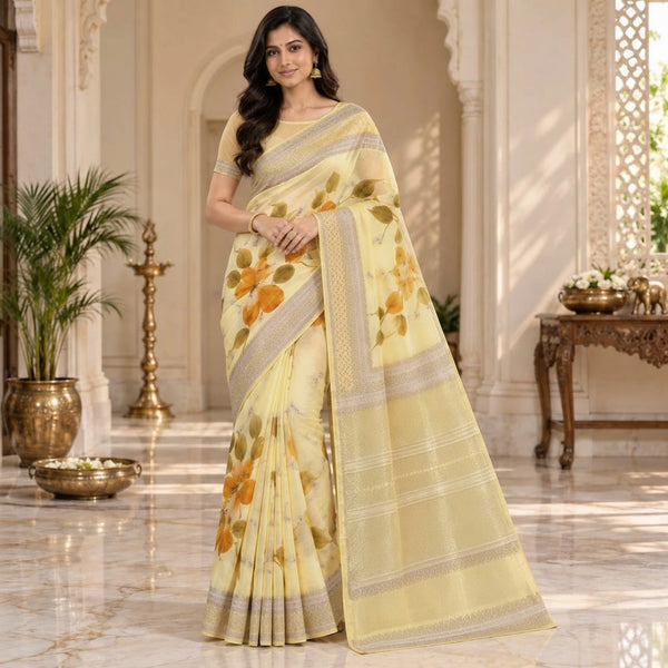 Pastel Yellow Floral Organza Saree with Zari Border & Plain Net Blouse