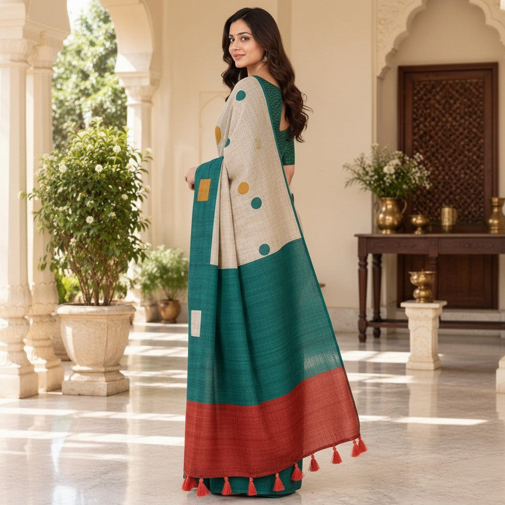 Elegant Teal & Rust Handloom Saree with Printed Blouse