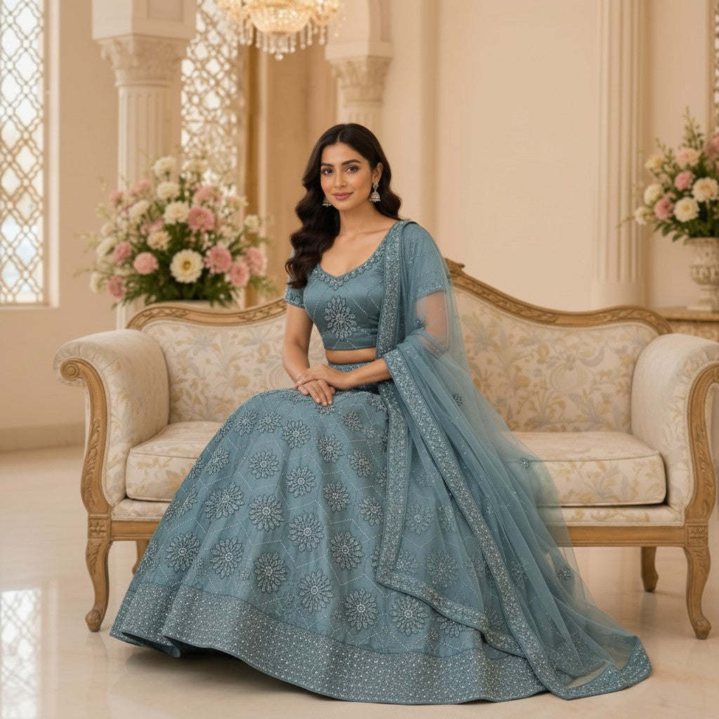 Elegant Teal Blue Floral Embroidered Lehenga Set with Sheer Dupatta