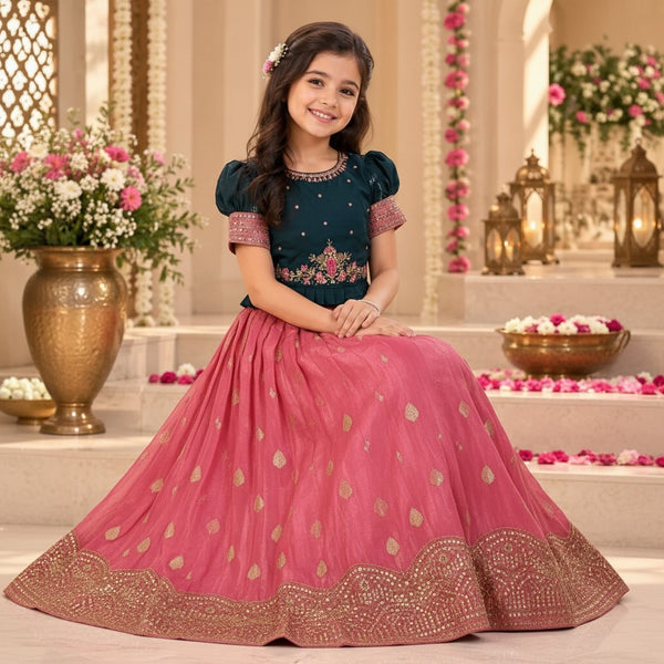 Teal & Magenta Traditional Kids Lehenga Set