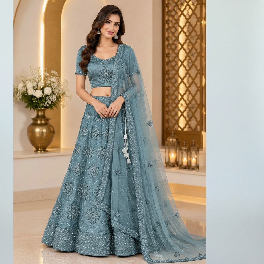 Elegant Teal Blue Floral Embroidered Lehenga Set with Sheer Dupatta