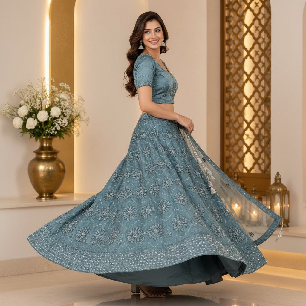 Elegant Teal Blue Floral Embroidered Lehenga Set with Sheer Dupatta