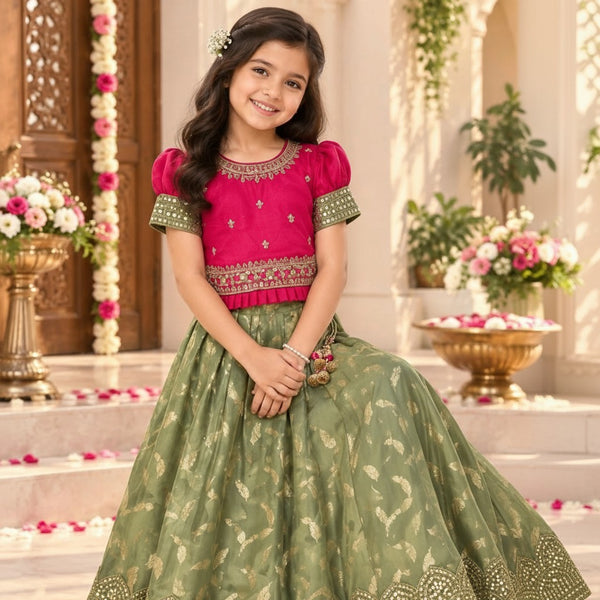 Magenta & Olive Green Kids Lehenga Set