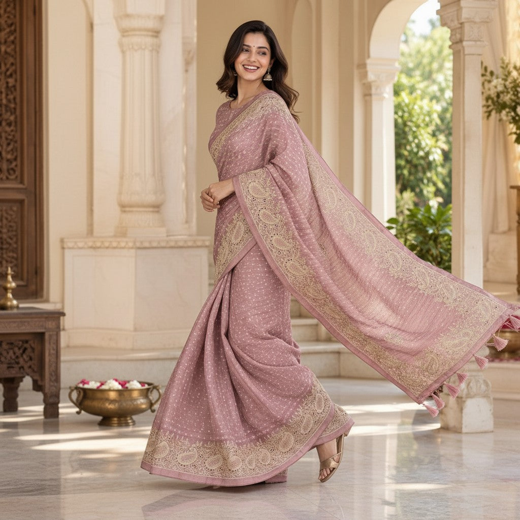 Dusty Rose Embroidered Paisley Saree with Tassel Pallu