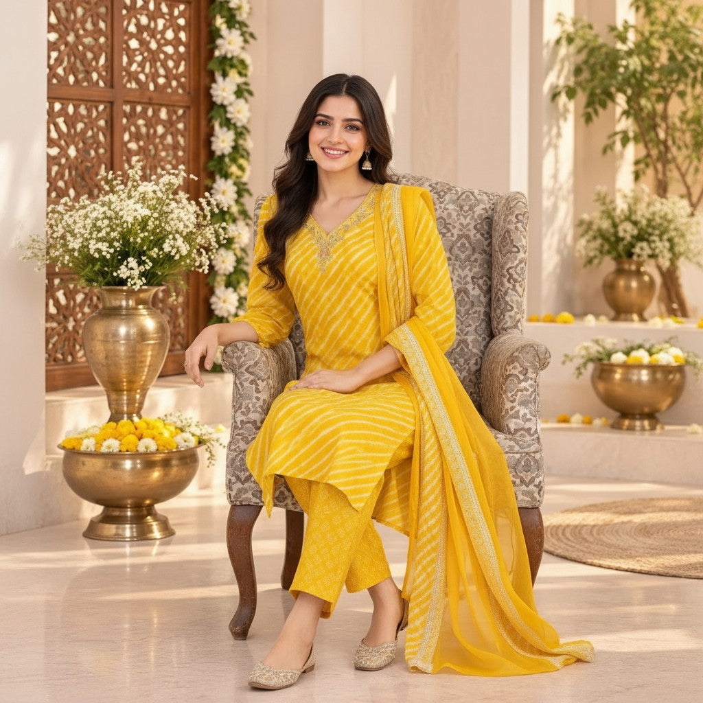 Yellow Printed Kurti Set