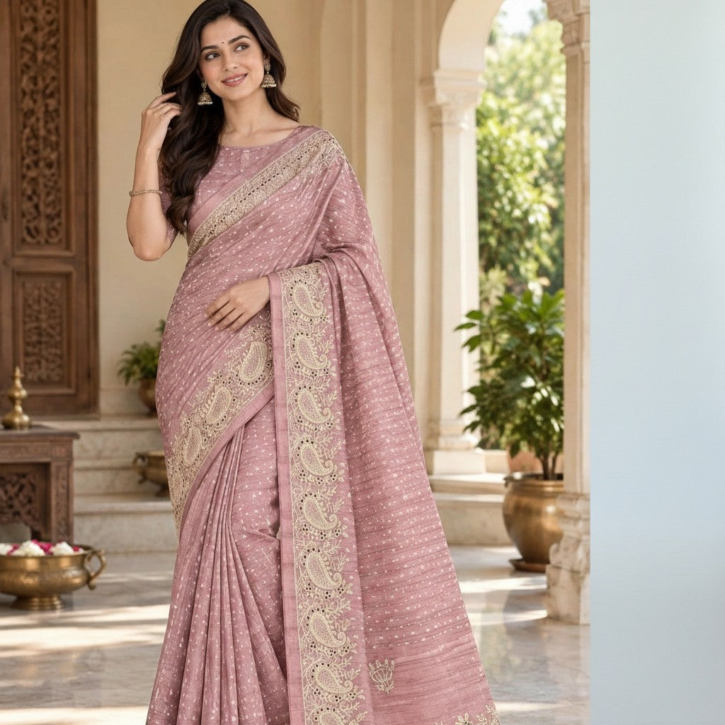 Dusty Rose Embroidered Paisley Saree with Tassel Pallu