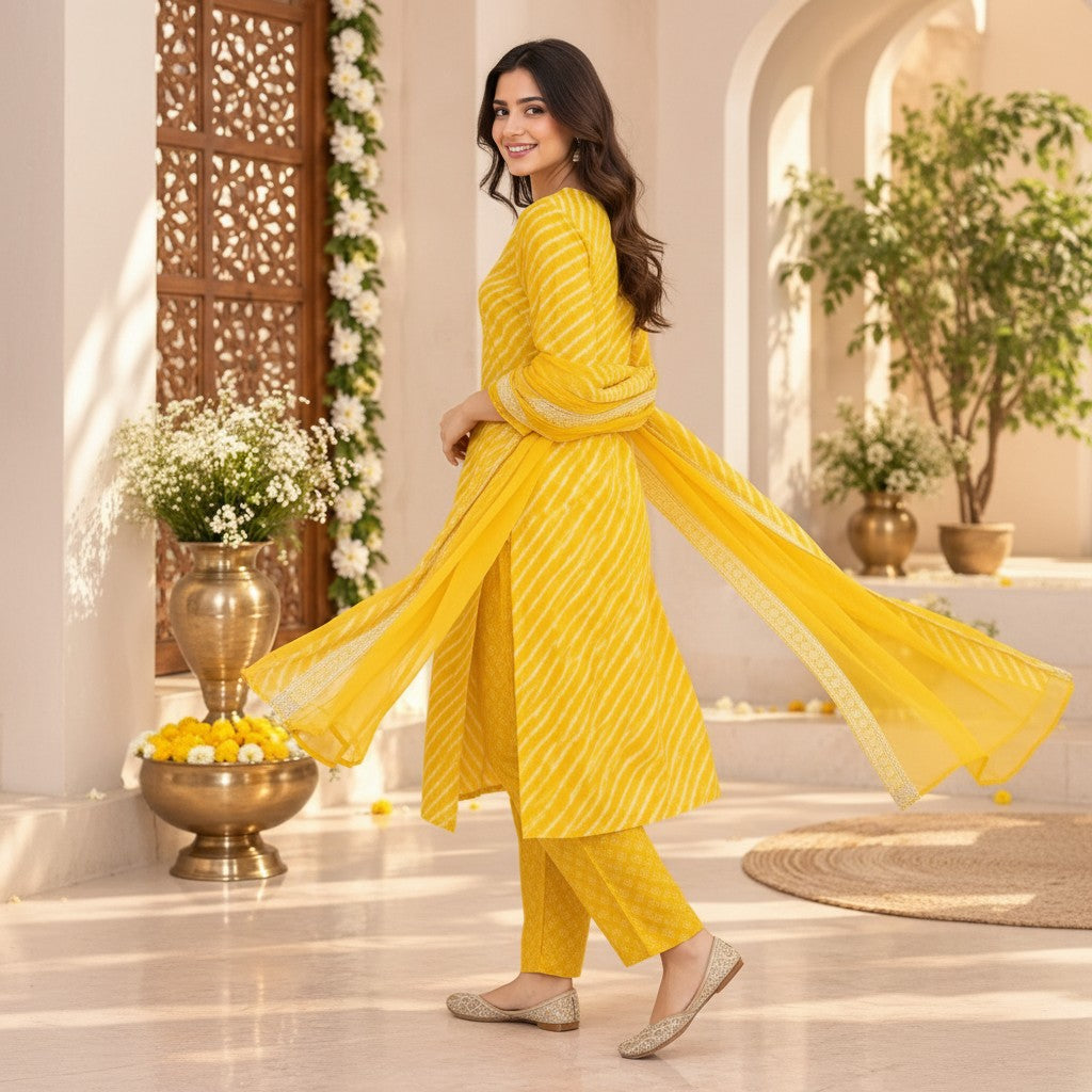 Yellow Printed Kurti Set