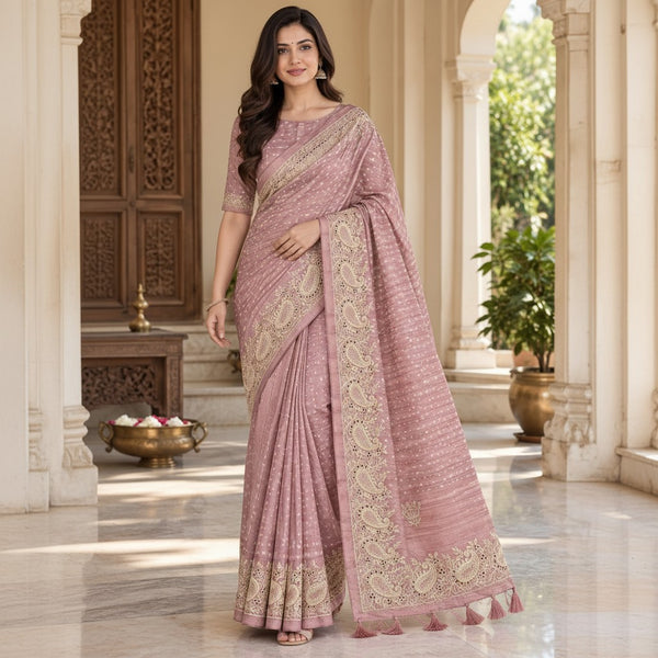 Dusty Rose Embroidered Paisley Saree with Tassel Pallu
