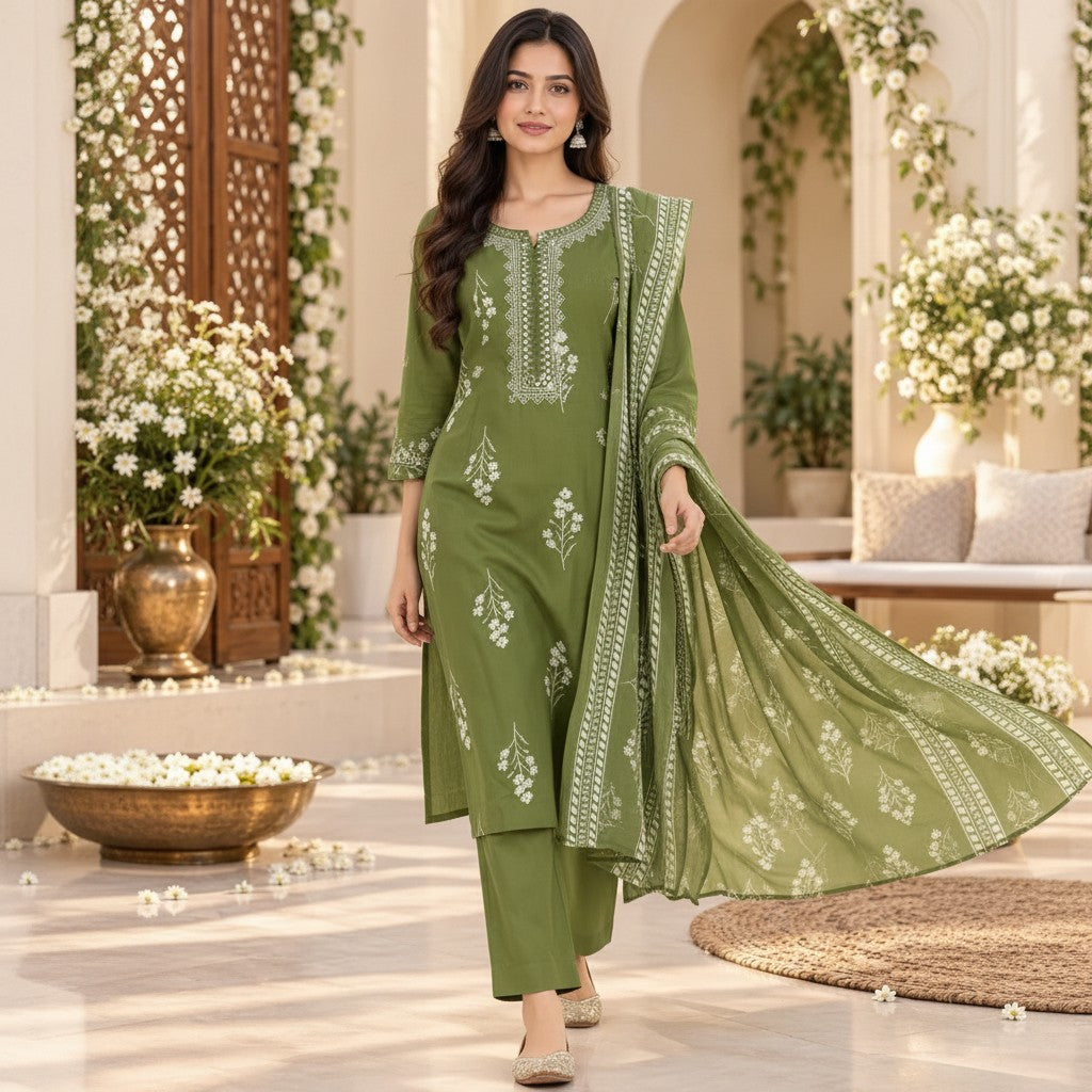 Olive Green Floral Printed Kurti Set