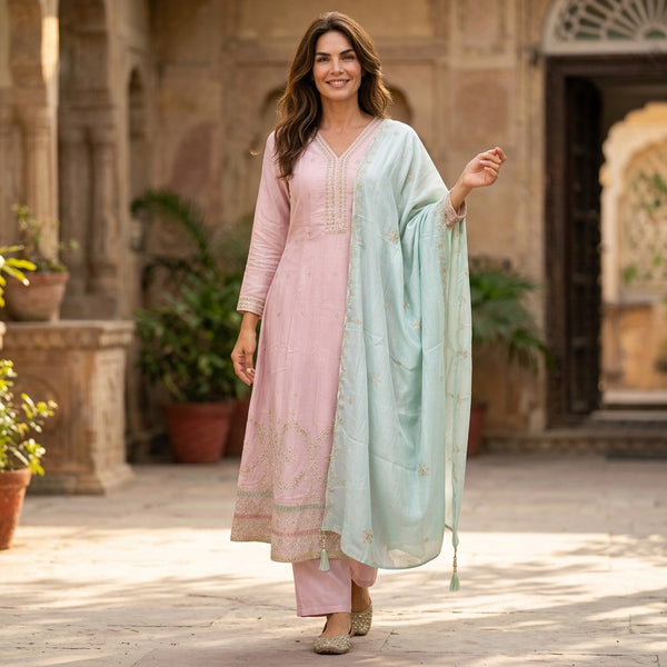 Pastel Pink Embroidered Straight Kurta Set with Mint Green Dupatta