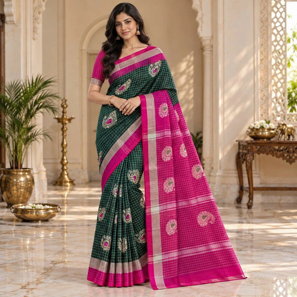 Elegant Dark Green & Pink Checks Handloom Saree with Designer Pallu