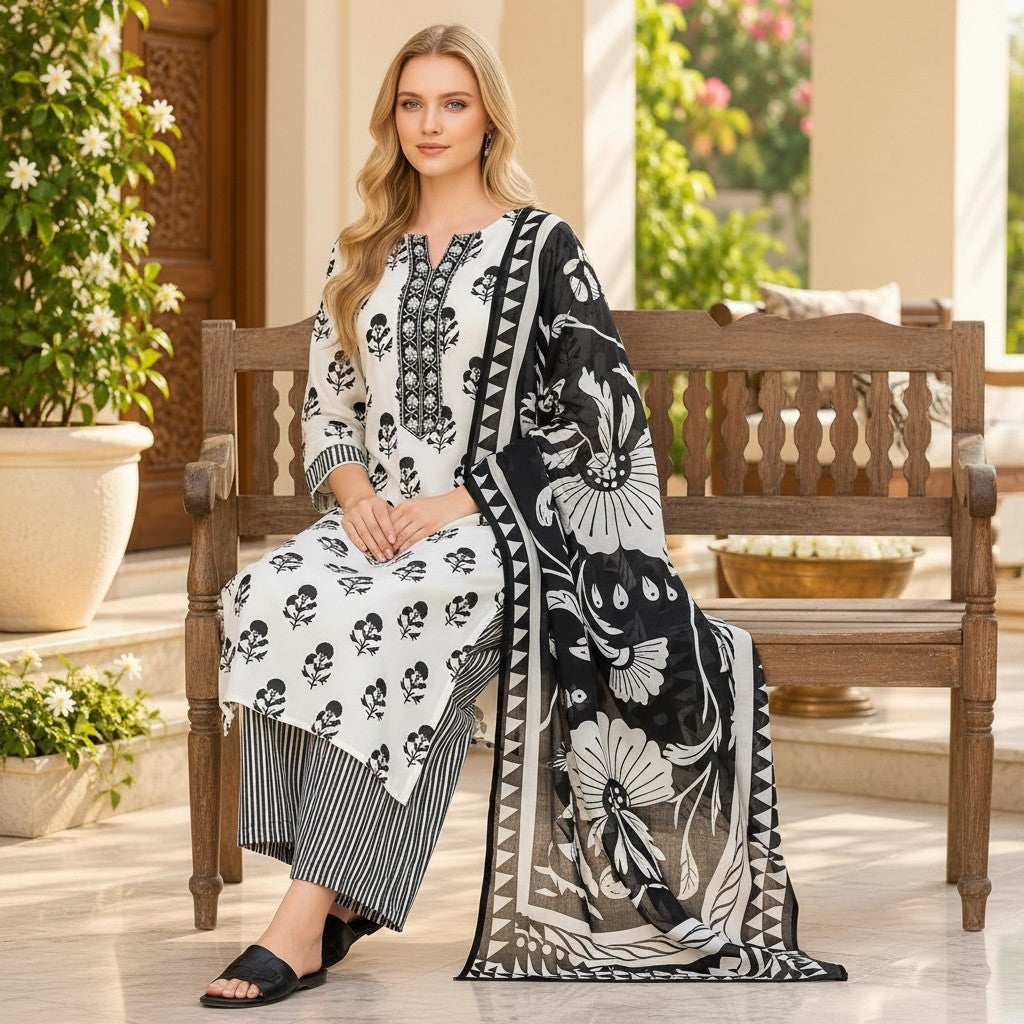White & Black Floral Printed Kurti Set0