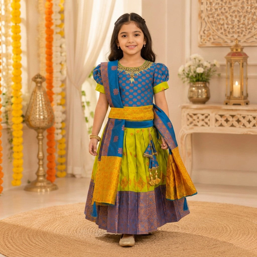 Kids Royal Blue & Lime Green Traditional Lehenga Set with Zari Dupatta