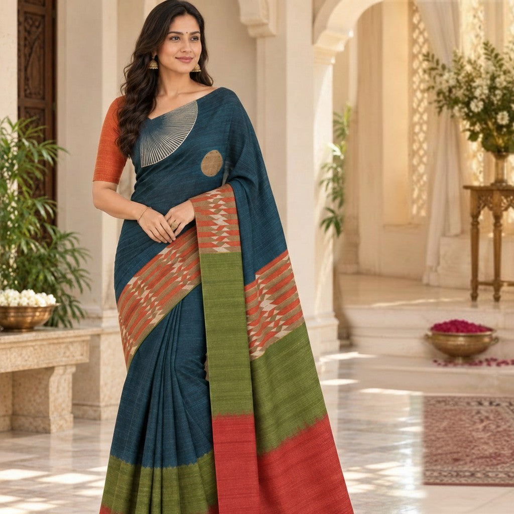 Teal Blue Handloom Saree with Rust Orange Blouse & Geometric Pallu