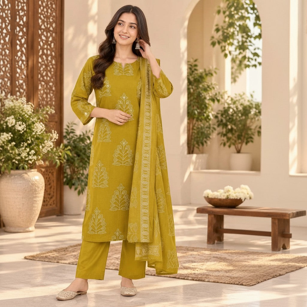Mustard Yellow Floral Printed Kurti Set