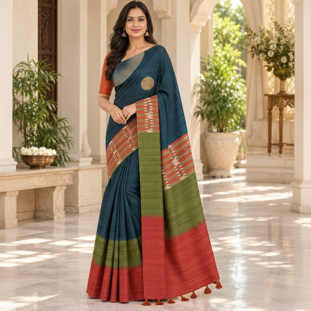 Teal Blue Handloom Saree with Rust Orange Blouse & Geometric Pallu