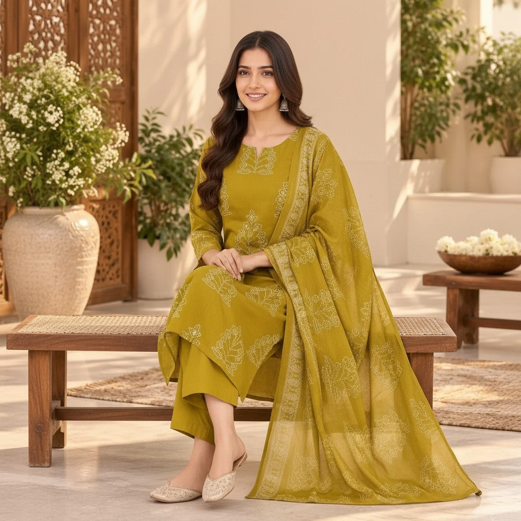 Mustard Yellow Floral Printed Kurti Set