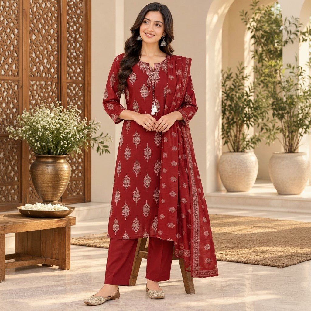Maroon Printed Kurti Set