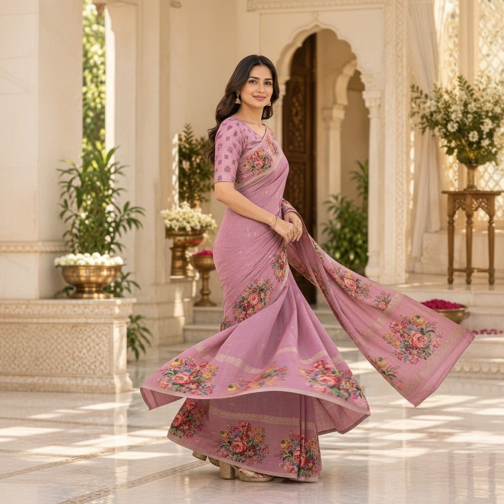 Mauve Pink Floral Printed Saree with Self-Design Blouse