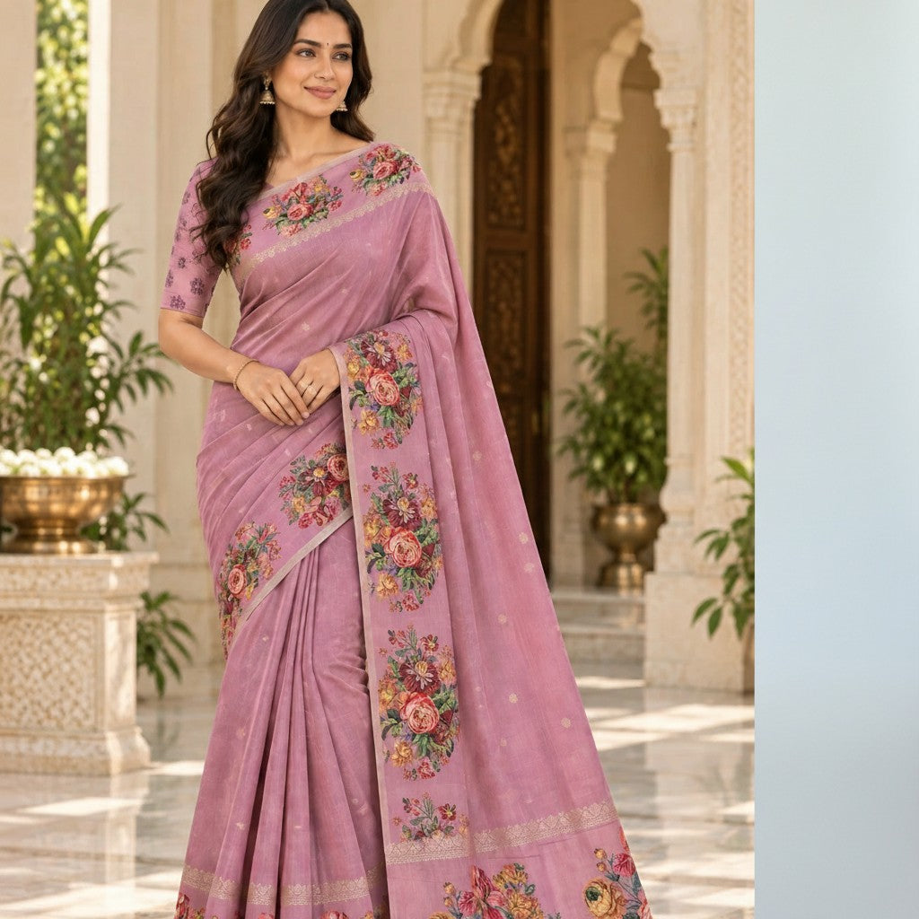 Mauve Pink Floral Printed Saree with Self-Design Blouse
