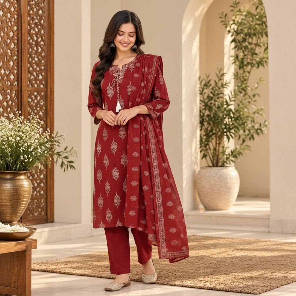 Maroon Printed Kurti Set