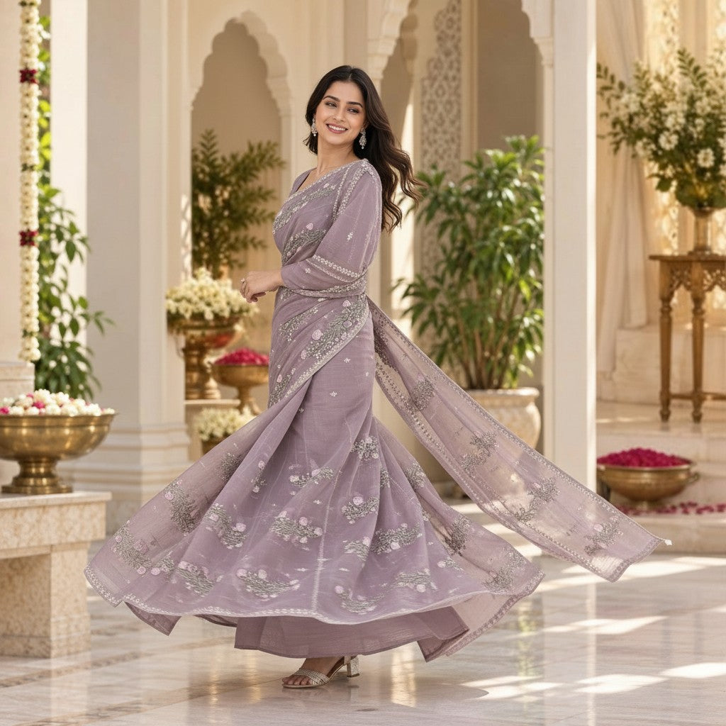Dusty Lavender Floral Embroidered Saree with Matching Blouse