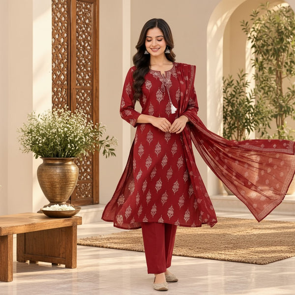 Maroon Printed Kurti Set