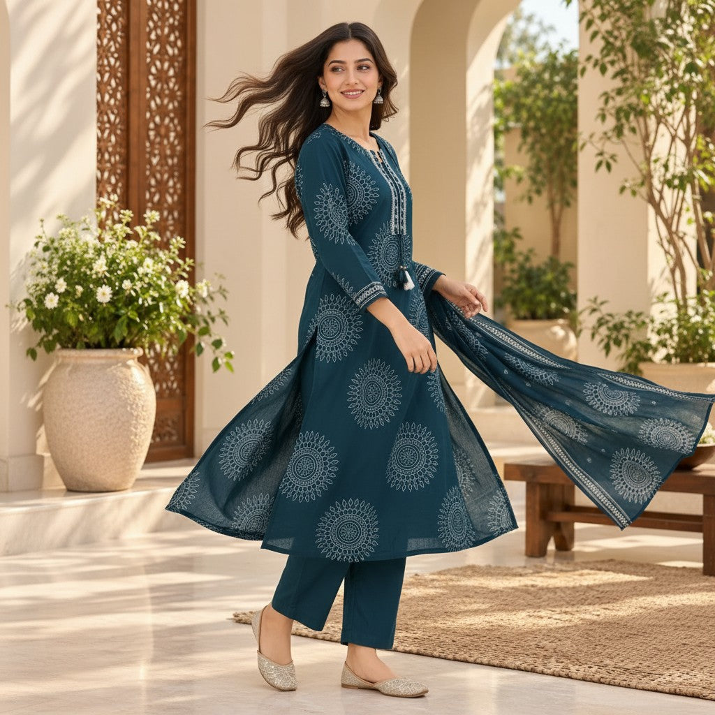 Teal Blue Printed Kurti Set