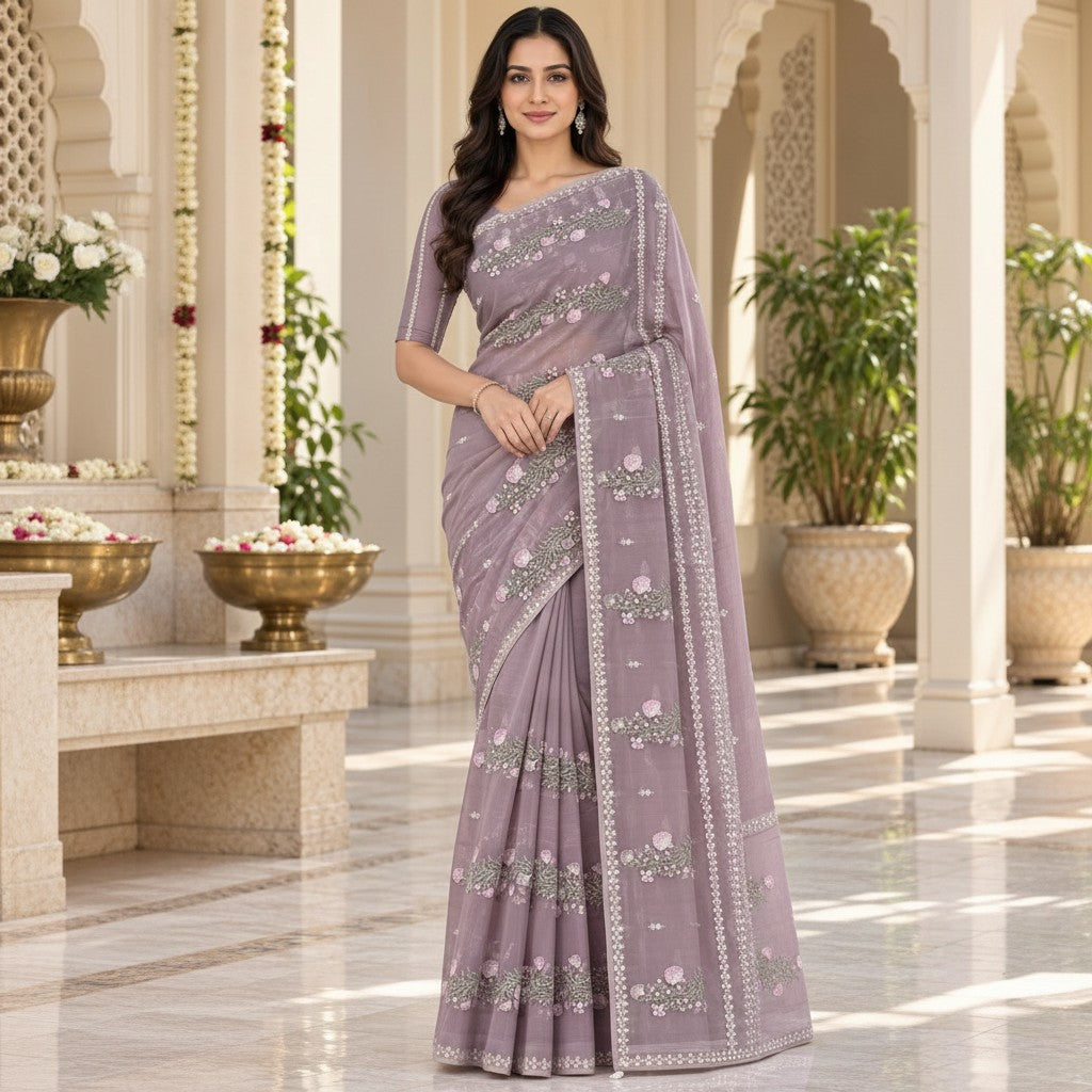 Dusty Lavender Floral Embroidered Saree with Matching Blouse