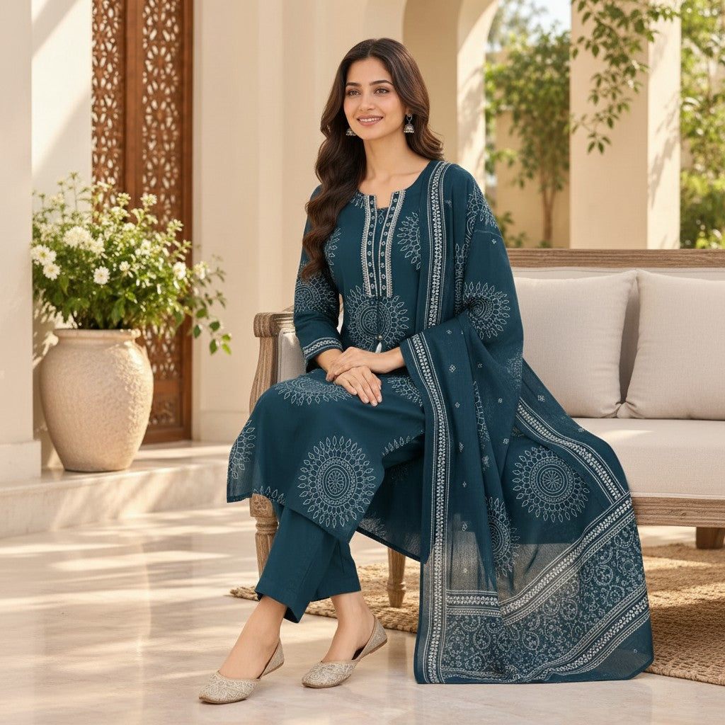 Teal Blue Printed Kurti Set