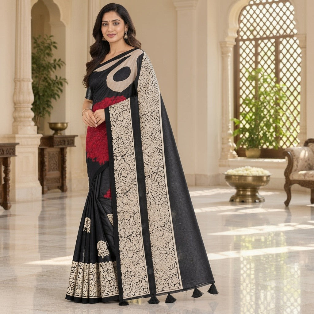 Black Saree with Red Floral Panel & Cream Floral Pallu
