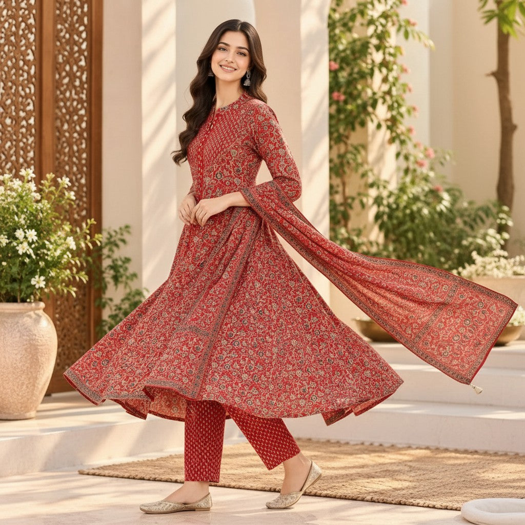 Red Floral Printed Kurti Set