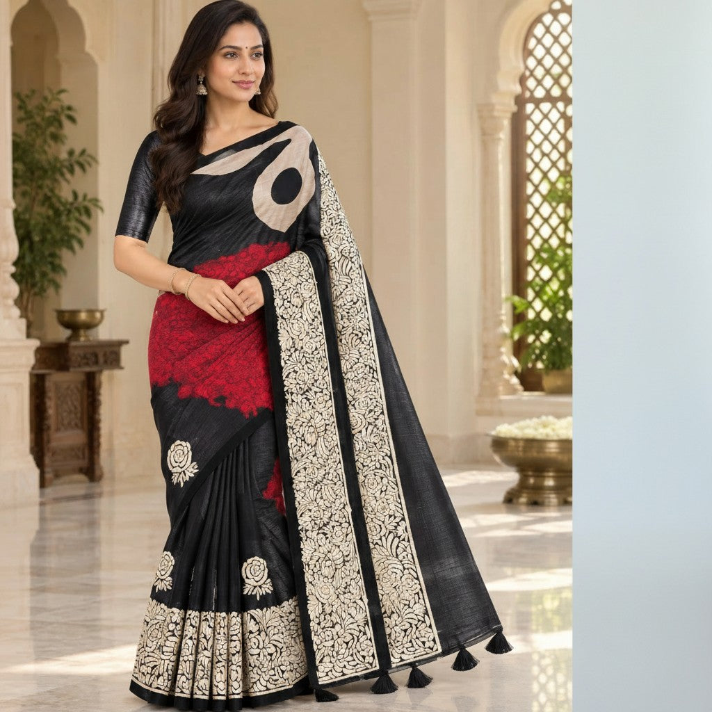Black Saree with Red Floral Panel & Cream Floral Pallu