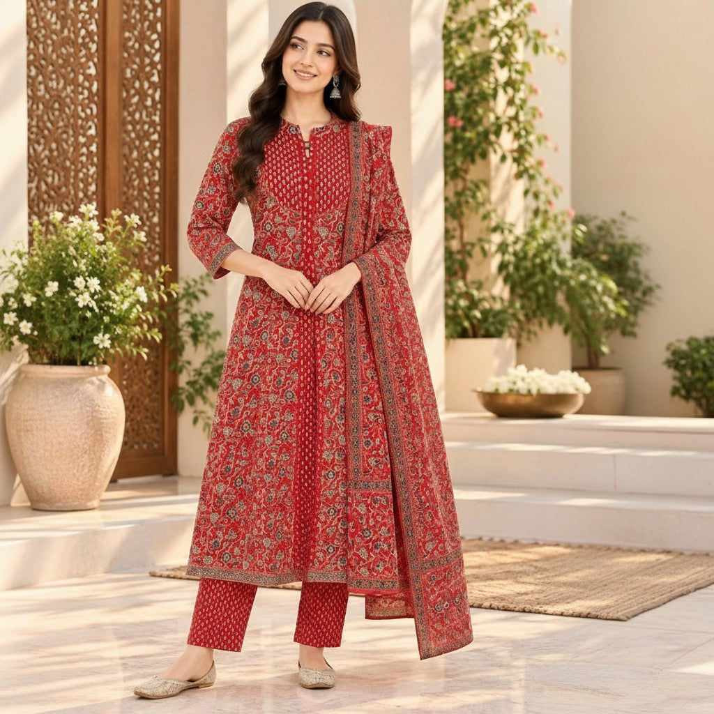 Red Floral Printed Kurti Set