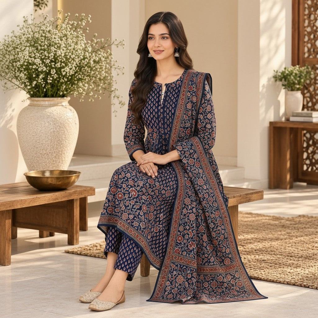 Navy Blue Floral Printed Kurti Set