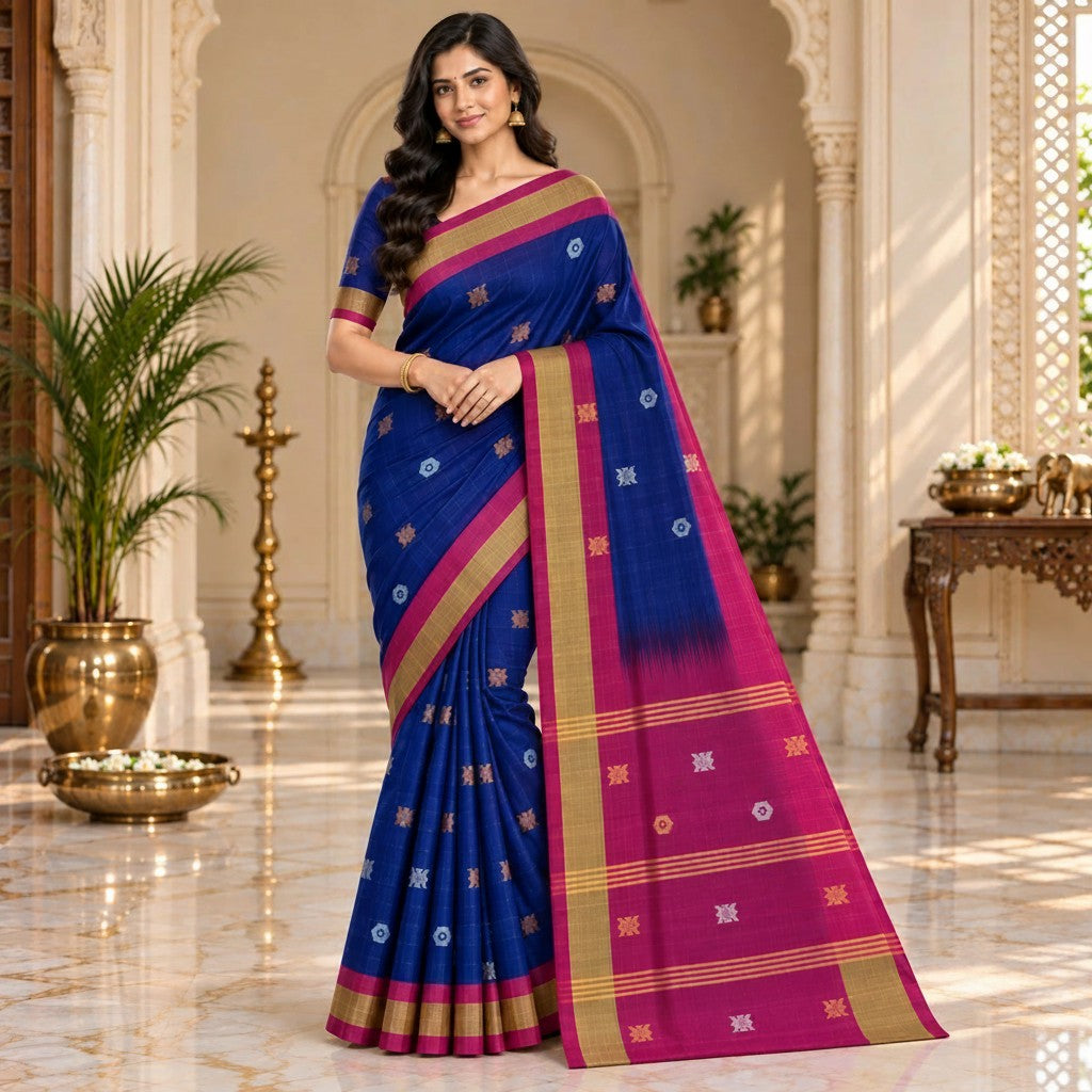 Royal Navy Blue & Magenta Saree with Gold Zari Border and Traditional Motifs
