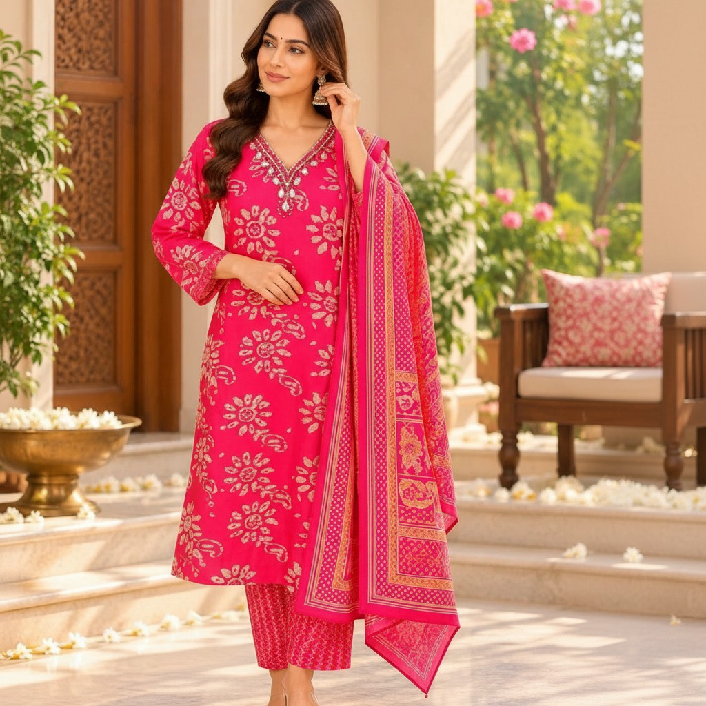 Fuchsia Pink Floral Printed Kurti Set