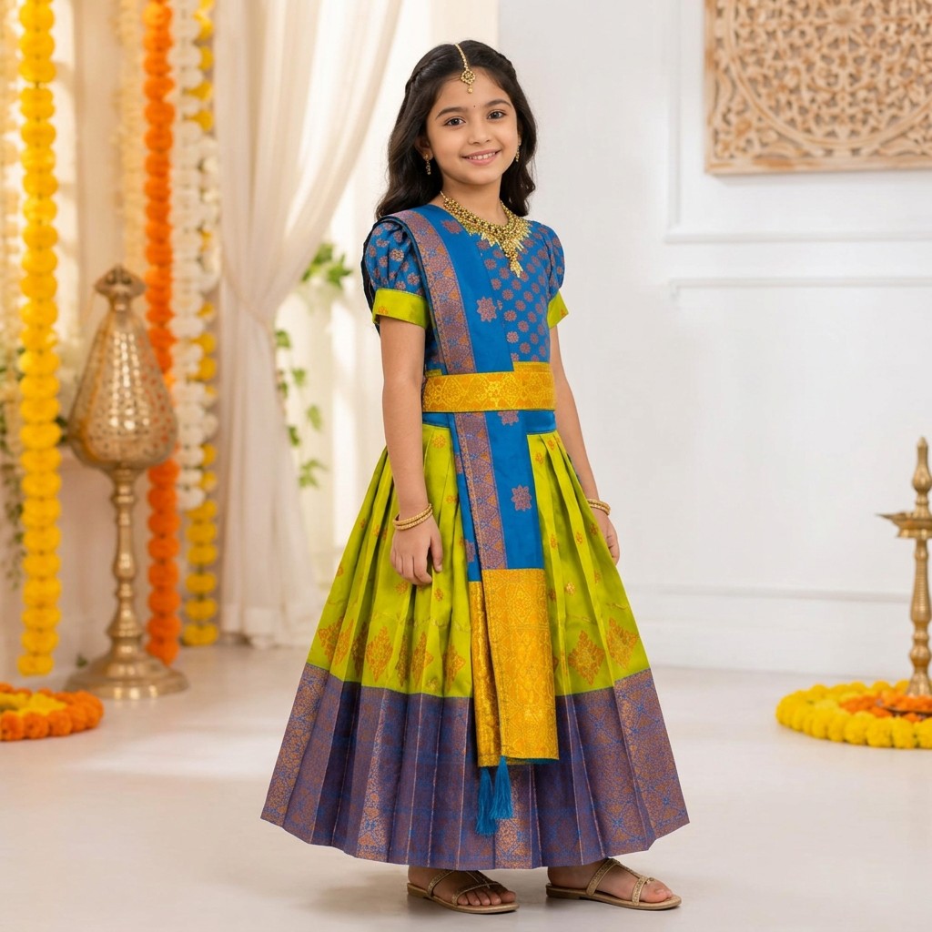 Kids Royal Blue & Lime Green Traditional Lehenga Set with Zari Dupatta