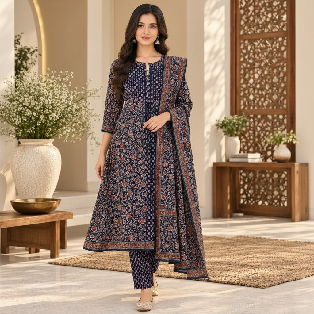 Navy Blue Floral Printed Kurti Set