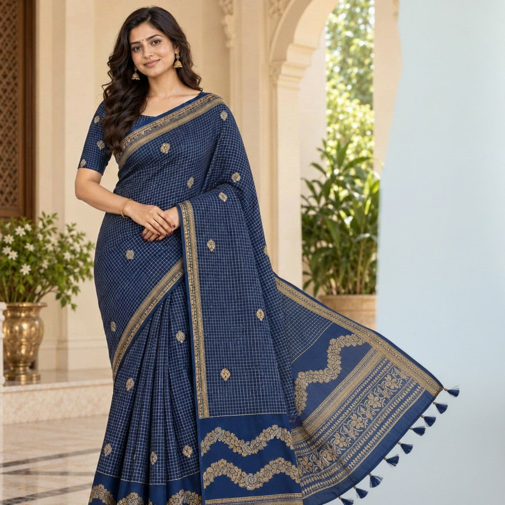 Navy Blue Woven Checkered Saree with Gold Floral Border & Designer Pallu