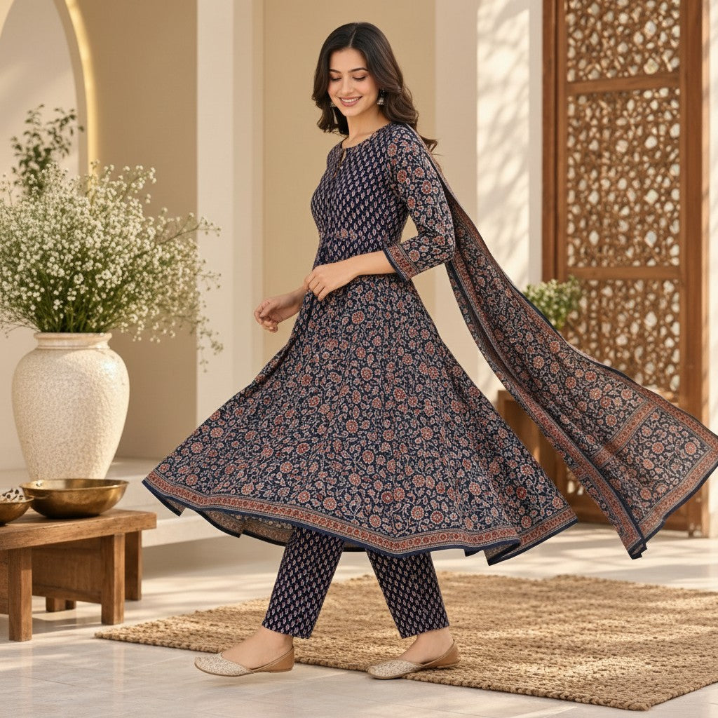 Navy Blue Floral Printed Kurti Set