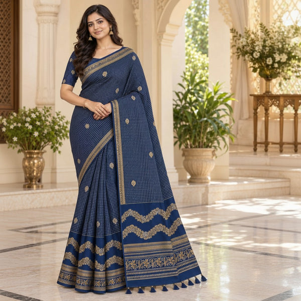 Navy Blue Woven Checkered Saree with Gold Floral Border & Designer Pallu